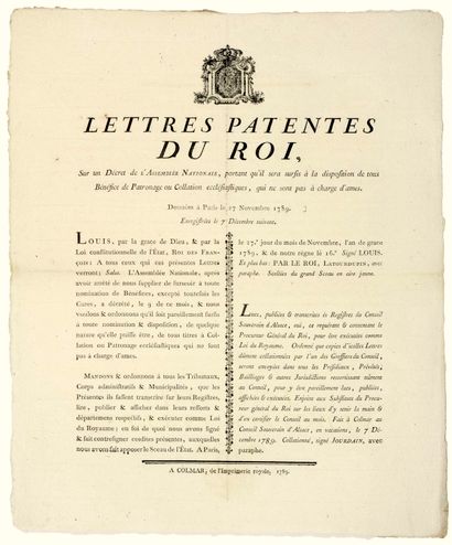 null COLMAR (68). 1789. ALSACE. ABOLITION DU CLERGÉ. « Lettres patentes du Roi (Louis...