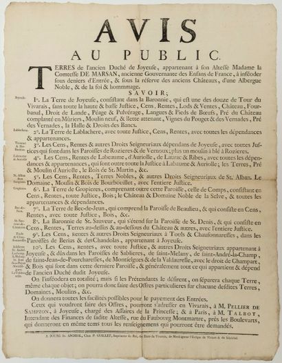 null ARDECHE. 1750. VIVARAIS. Poster of the XVIIIth c.: NOTICE to the public for...