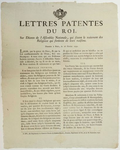 null ABOLITION DU CLERGÉ RÉGULIER 1790. « Lettres patentes du Roi (Louis XVI), sur...
