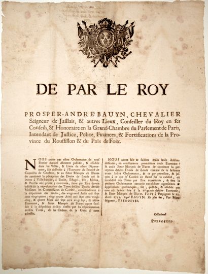 null ROUSSILLON & Pays de FOIX. 1732 : " Prosper-André BAUYN Lord of Jallais. Intendant...