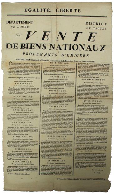 null AN 2. AUBE. DISTRICT OF TROYES. "Sale of NATIONAL PROPERTY coming from EMIGRANTS"...