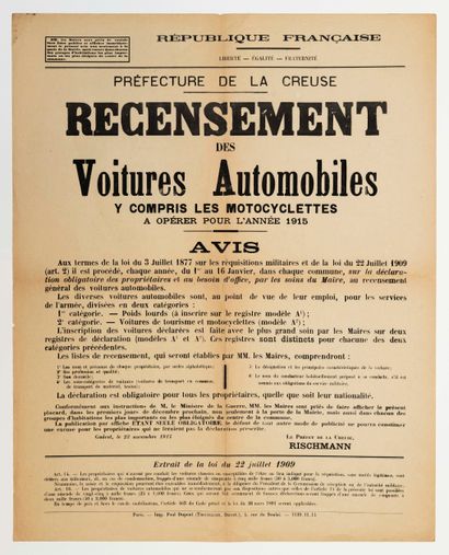 null CREUSE. GUERRE 1914/18. Recensement des Voitures Automobiles y compris les Motocyclettes,...