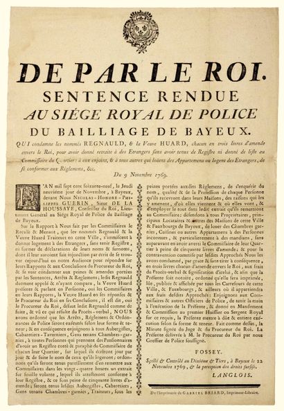 null CALVADOS. BAILLIAGE DE BAYEUX. 1769. REGISTRE DES CHAMBRES-GARNIS. « De par...