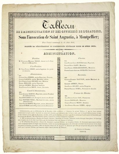 null HÉRAULT. 1826. “TABLEAU de l’Administration et des Officiers de l’ORATOIRE,...