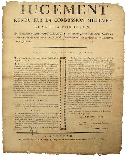 null GIRONDE. YEAR 2. SPECTACLES - JUDGMENT rendered by the Military Commission seante...
