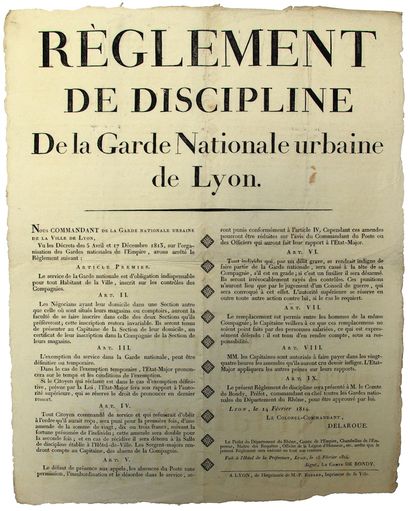 null 1814. LYON. EMPIRE. « Règlement de Discipline de la GARDE NATIONALE URBAINE...