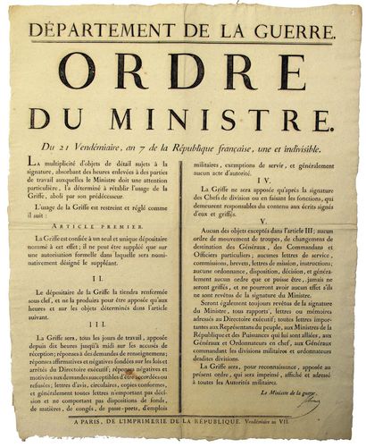 null USAGE DE LA GRIFFE. 1798. Département de la Guerre. Ordre du Ministre du 21...