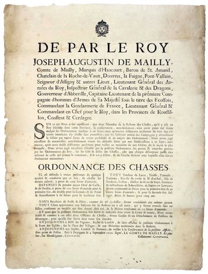 null ROUSSILLON. 1750. CHASSE : “De par le ROY, Joseph Augustin DE MAILLY, Comte...