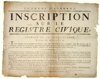 null YONNE. 1797. COMMUNE D’AUXERRE. « INSCRIPTION SUR LE REGISTRE CIVIQUE. ». Fait...