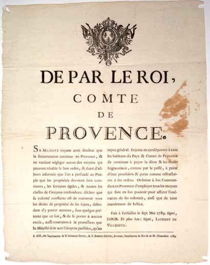 null RÉVOLUTION EN PROVENCE. 1789. « De par le Roi, Comte de PROVENCE. Sa Majesté...