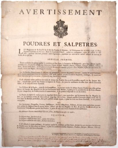 null (PAU 64). 1747. "POUDRES & SALPÊTRES" - Warning of the regulations of his Majesty...