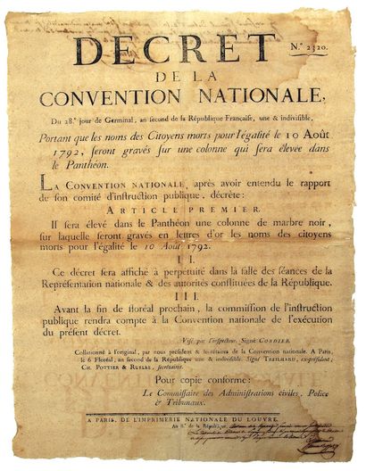 null PARIS. 1794. PANTHÉON. « Décret de la Convention Nationale, du 28 Germinal An...