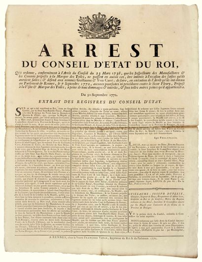 null BRITAIN. 1772. CUSTOMS. MARK OF THE FABRICS. RENNES (35). "Arrest of the Council...