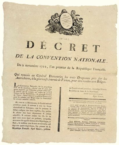null VICTOIRE EN BELGIQUE. 1792. DUMOURIER. GARAT : « Décret de la Convention Nationale,...