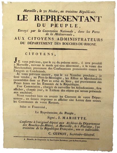 null BOUCHES DU RHÔNE. 1795. "The Representative of the people MARIETTE sent in the...