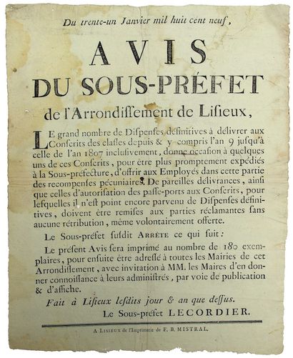 null CALVADOS. 1809. EMPIRE. NOTICE of LECORDIER Sub-Prefect of the District of LISIEUX,...