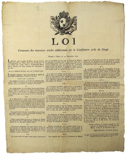null RÉVOLUTION. 1790. LA CONSTITUTION CIVILE DU CLERGÉ. BOUCHES-DU-RHÔNE. « Loi...