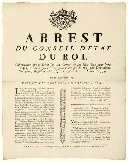 null ILLE-ET-VILAINE. 1778. STATE DUTY ON PLAYING CARDS. "ARREST of the Council of...