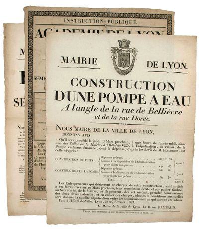 null « MAIRIE DE LYON ». 1823 – 3 PLACARDS (53 x 42), imprimés à Lyon : « CONSTRUCTION...