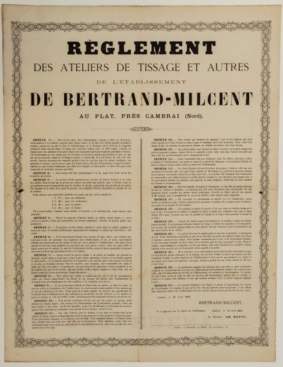 null CAMBRAI (Nord) 18 Avril 1864. « Règlement des ATELIERS DE TISSAGE et autres...