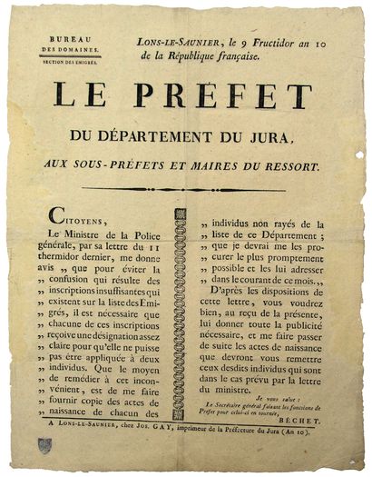 JURA. 1802. « Le Préfet du Département du...