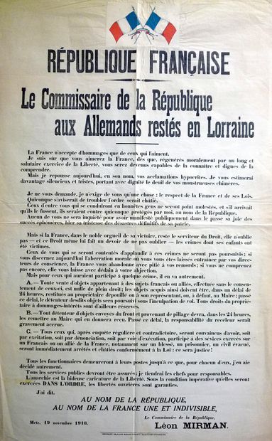 null (LA LORRAINE DÉLIVRÉE) METZ (57) 19 Novembre 1918. « Le Commissaire de la République...