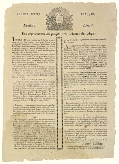 null AIN & SAVOIE. 1794. ALBITTE et LAPORTE Les Représentants du Peuple près l’Armée...