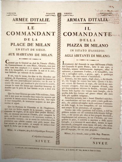 ARMÉE D’ITALIE. 1800. SIÉGE DE MILAN. Placard...