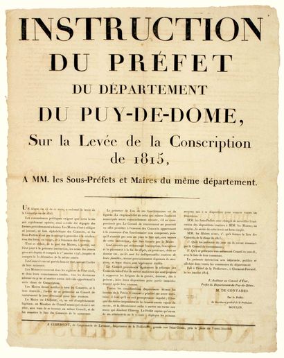 null PUY-DE-DÔME. 1814. EMPIRE. “INSTRUCTION du Préfet du Département du PUY-DE-DÔME,...