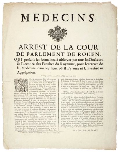 null “MÉDECINS” (Titre). 1733. “Arrest de la Cour de PARLEMENT DE ROUEN, qui prescrit...