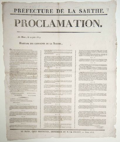 null TERREUR BLANCHE. CHOUANS. SARTHE. 1815. PROCLAMATION et Arrêté des Autorités...