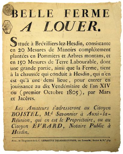 null PAS-DE-CALAIS. 1805. AUXY-LA-RÉUNION (Nom Révolutionnaire d’AUXY-LE-CHÂTEAU)....
