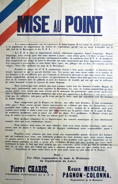 null LA RÉSISTANCE du Département du LOIRET, Août 1944 - « MISE AU POINT. Les Armées...