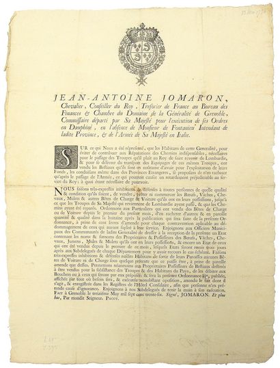 null DAUPHINÉ. 1736. - “Jean Antoine JOMARON, Chevalier, Conseiller du Roi,... Commissaire...