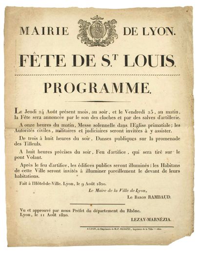null MAIRIE DE LYON. 1820. PROGRAMME DE LA FÊTE DE SAINT LOUIS, à LYON le 9 août...