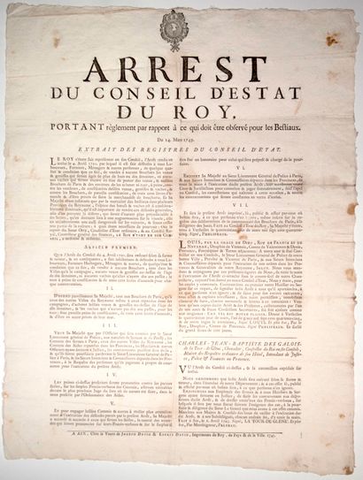null PROVENCE. 1745. BUTCHERIE. "Arrest du Conseil d'Estat du Roy, portant règlement...