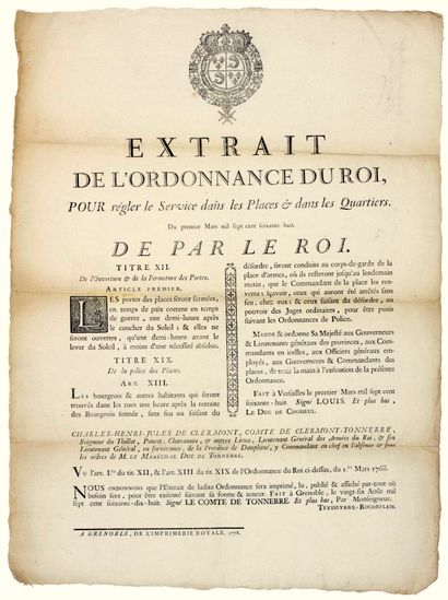 null THE MARSHAL OF CLERMONT THUNDER IN DAUPHINÉ. 1778. Extract of the King's ordinance,...