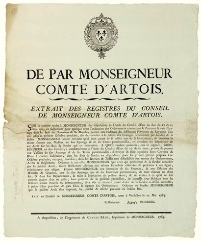 null CALAMITÉ AGRICOLE de 1785. « De Par Monseigneur LE COMTE D’ARTOIS. » - Extrait...