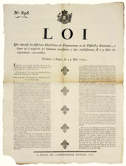 null RÉVOLUTION. 1791. ÉTABLISSEMENT DES DIRECTOIRES DE DÉPARTEMENT.. “LOI qui autorise...