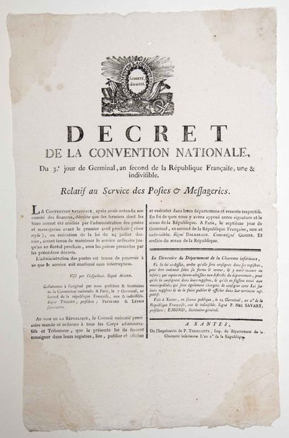 null POSTES & MESSAGERIES. 1794. « Décret de la Convention Nationale, du 3 Germinal...