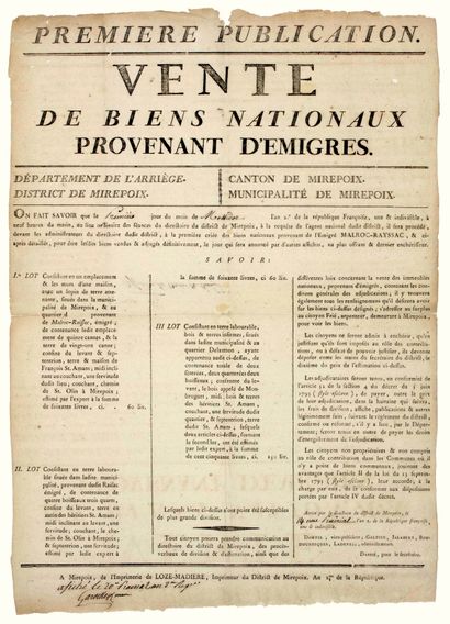 null ARIÈGE. 1794. VENTE DE BIENS NATIONAUX provenant de l’Emigré MALROC-RAYSSAC,...