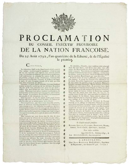null 1792. (CHARENTE). « Proclamation du CONSEIL EXÉCUTIF PROVISOIRE de LA NATION...