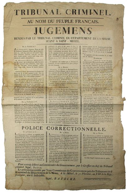 null MEUSE. 1800. JUGEMENTS rendus par le TRIBUNAL CRIMINEL du Département de la...