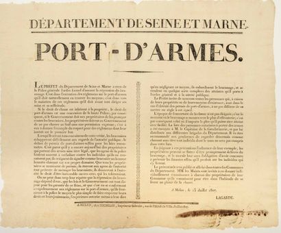 null SEINE-ET-MARNE. "PORT-D'ARMES." MELUN (77) 23 July 1807. Notice of LAGARDE Prefect...