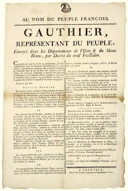 null ISÈRE & SAVOIE (MONT-BLANC). 1794. “GAUTHIER, Représentant du Peuple, envoyé...