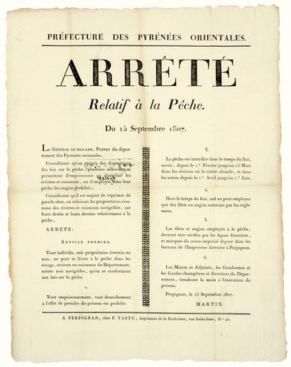 null 1807. EASTERN PYRÉNÉES. FISHING. "Decree relating to Fishing of September 15,...