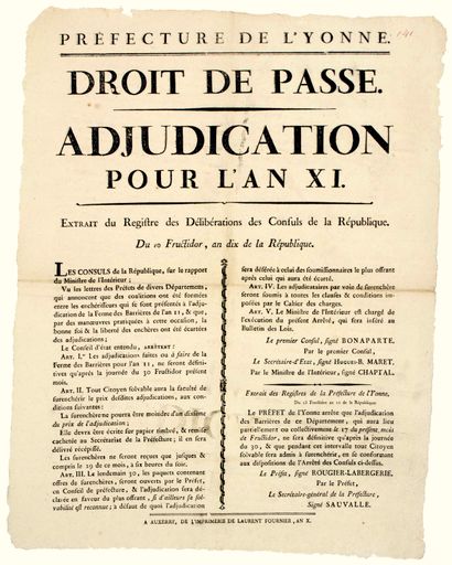 YONNE. 1802. “DROIT DE PASSE. Adjudication...