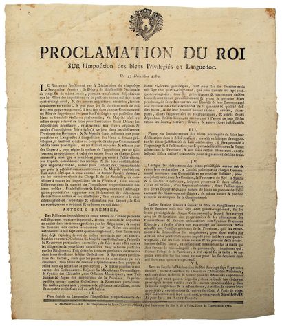 null RÉVOLUTION. 1789. IMPOSITION DES BIENS PRIVILÉGIÉS EN LANGUEDOC.. « Proclamation...