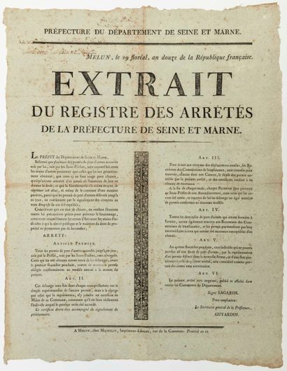 null SEINE-ET-MARNE. MELUN (77) 29 Floréal An 12 (19 Mai 1804). Extrait du registre...
