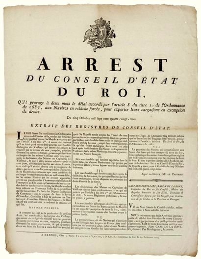 null MARINE. 1783. BRITAIN. FREIGHT. "Arrest of the Council of State of the KING,...